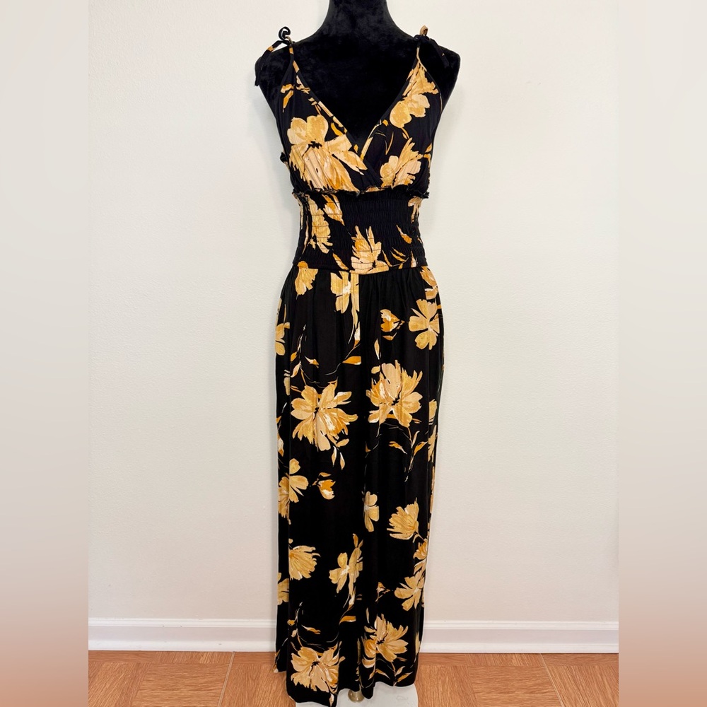 Patrons of Peace Boho Floral Sleeveless V-Neck Smocked Ruffle Wide Leg Jumpsuit